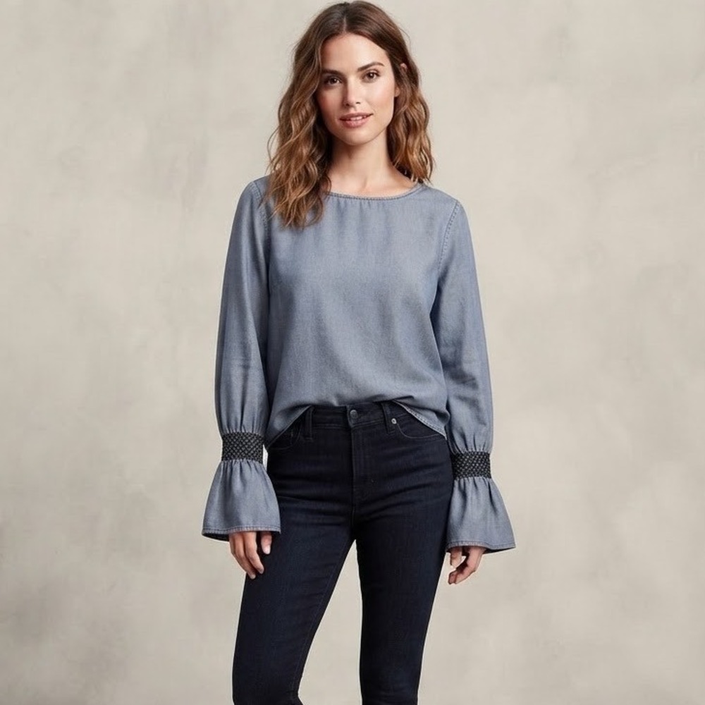 Gap Denim Smocked Cuff Bell Sleeve Top True Black Washed Blouse Medium